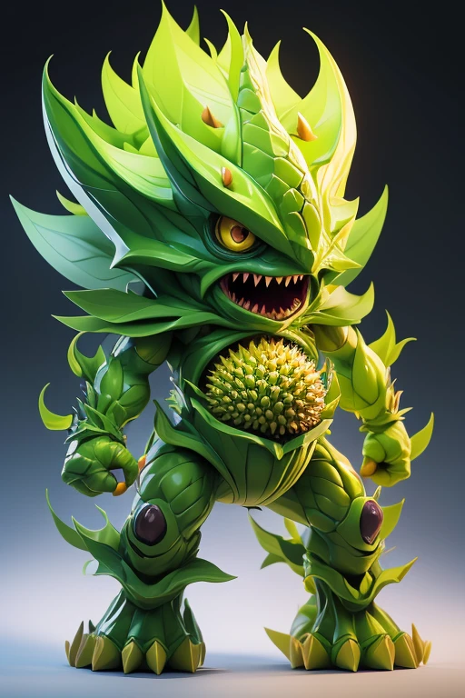 Create a Durian Monster Image, The image should be sharp and detailed, with beautiful colors. With arms, leg, eyes, mouth, พื้นหลังสีlegว