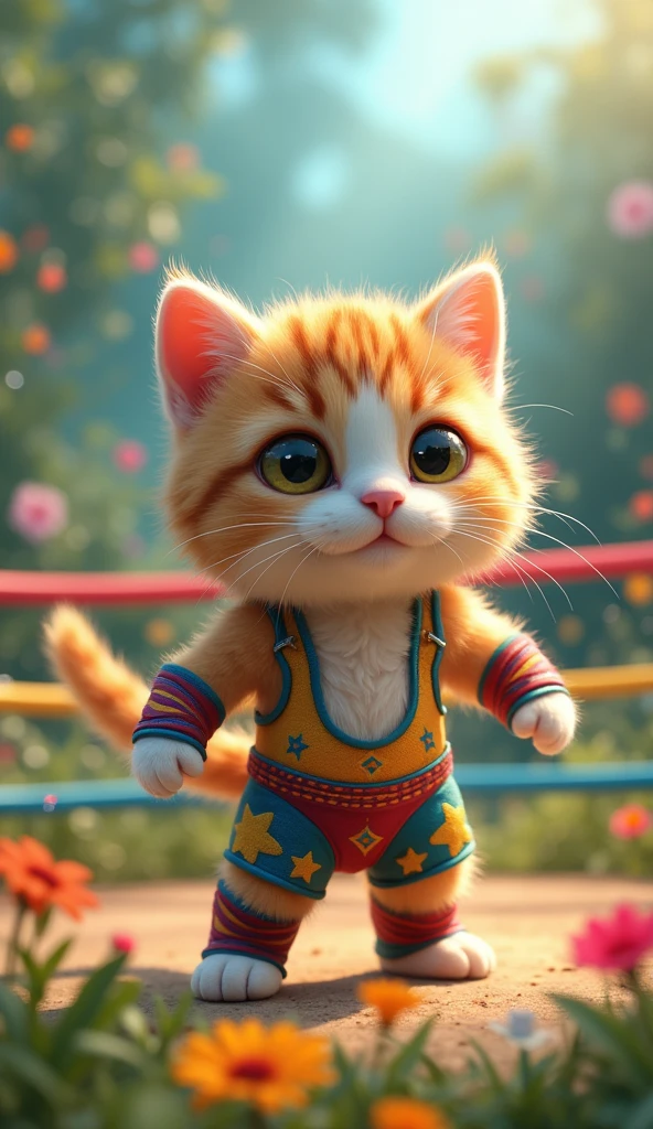 cute cat pro wrestler, Clear picture quality, eight,Short and cute legs, During a professional wrestling match, fantasy meadow background