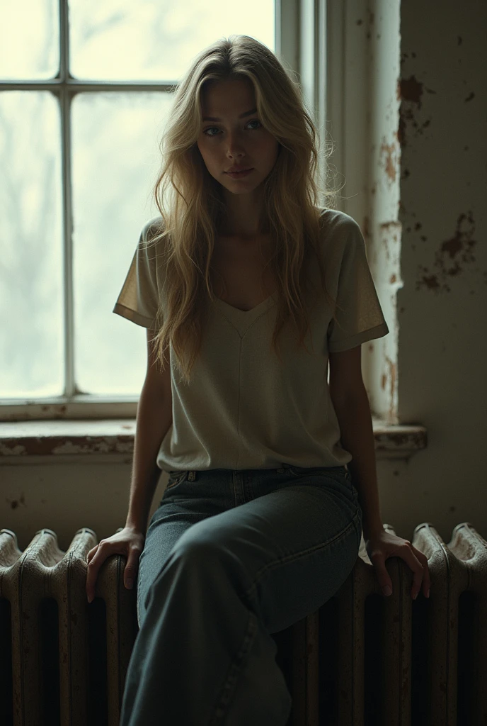young dark blonde woman sitting on top of radiators, long hair