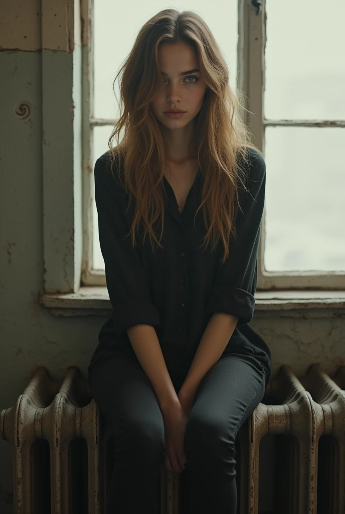 young dark blonde woman sitting on top of radiators, long hair