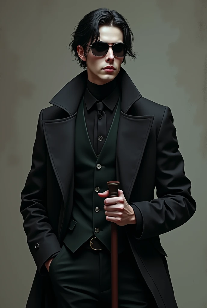 17 year old white skinned guy,White skin , slightly long hair combed back, wearing dark glasses for the blind
Blind boy, wearing a gothic elegant suit with trench coat
In his hands he has a cane for the blind.