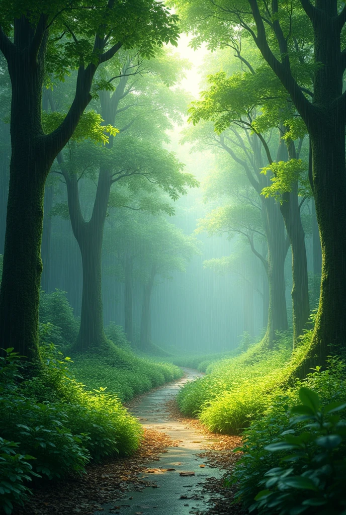 Rainy forest scenery in early summer。wood々A faint light shines through the gaps.、The wet leaves sparkle。The ground is covered with moist fallen leaves、A small path leads deep into the forest。The smell of rain drifts、Fresh and lively scenes。