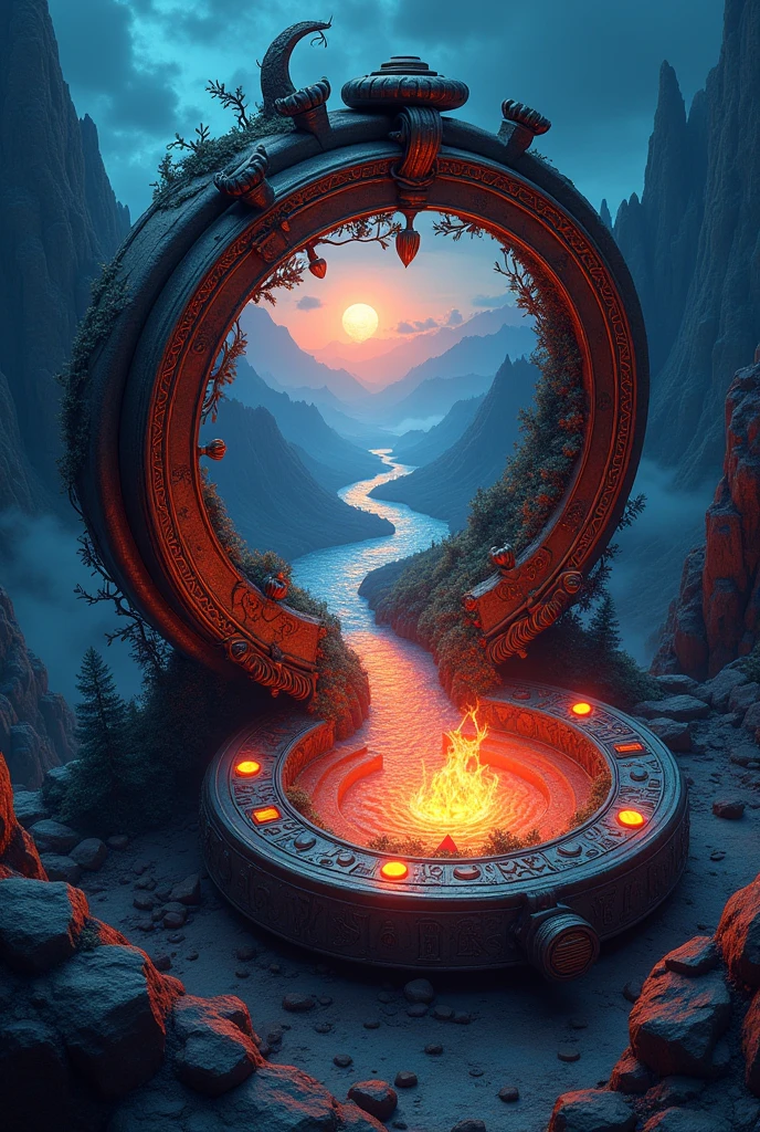 top- down, fantastical and surreal scene, closeup inside of an enormous ancient pocket_clock standing upright with its cover open revealing a magical portal, portal inside the clock, Through the portal is a breathtaking landscape unfolds, towering mountains, a cascading volcano, a steaming river winding through a burned forests, The edges of the pocket_clock are adorned with intricate glowing runes and vines, the clock resting on obsidian floor, mystical touch, illuminated by a crescent moon and twinkling stars, dreamlike and otherworldly atmosphere, sense of adventure and wonder, ((red-blue, artifact,
mtg, mtg card)), view from above,
(score_9, score_8_up:1.1), score_7_up, a fine color ink lineart sketch, (reflective volumetric), raytracing, absurdres, dark, low-key,