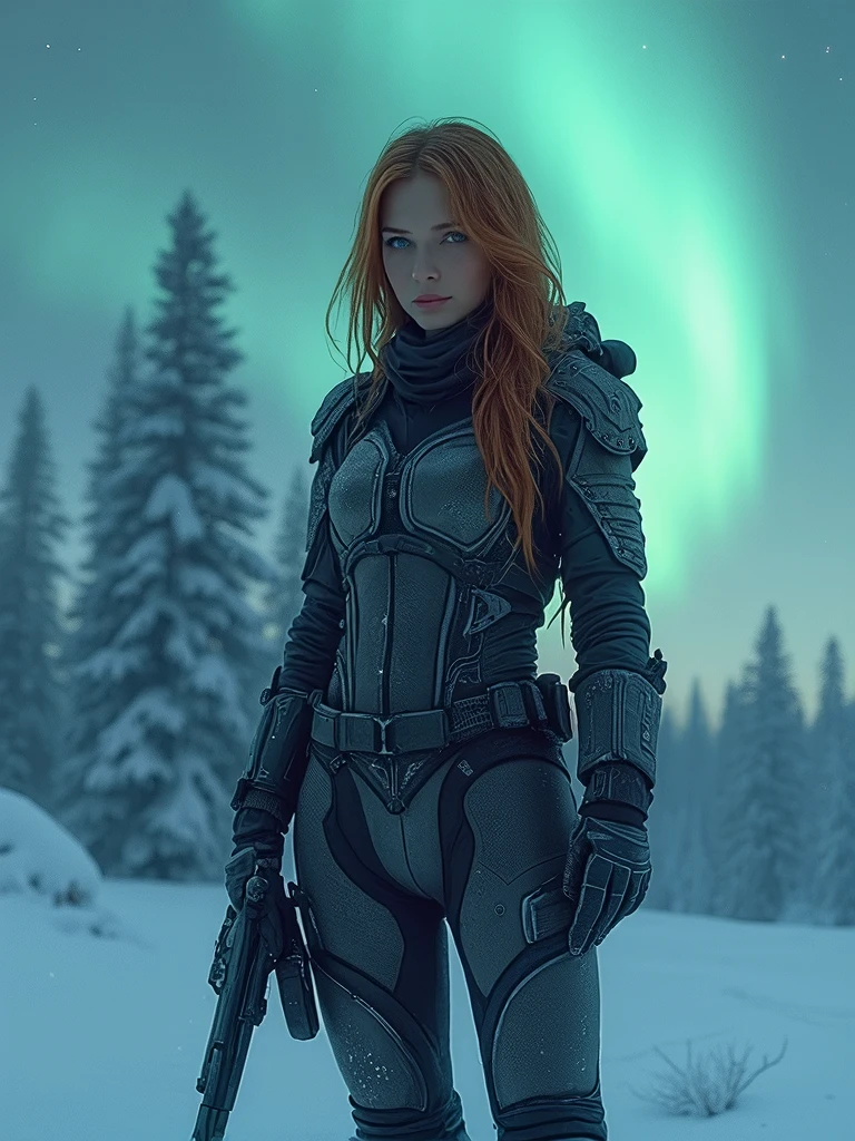 from above, cowboy shot, of  one ultra hot gorgeous european woman, age 23, light auburn hair, she's a playmate, a men magazine model, in a winter ARMOR, holding weapons, as a futuristic cyberpunk warrior in a dystopian world. Juxtapose the beauty with a harsh, survivalist snowy winter night environment with northern lights. Perfect anatomy, Perfect eyes, perfect hands, perfect body, perfect hair, perfect breast, accurate, UHD, retina, masterpiece, anatomically correct, textured skin, super detail, high details, high quality, award winning, best quality, highres, 16k, 8k