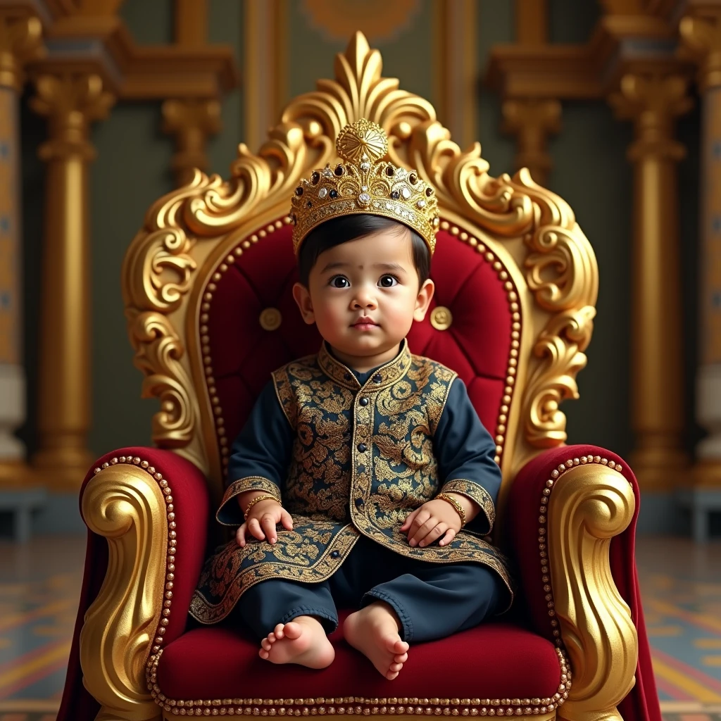 Create an outpainted image of a one  indian baby boyting on a grand carved golden throne, wearing dark blue and gold threaded outfits, with a large size number '1' seen behind the throne, wearing a golden crown and minimal  jewelry,  palace golden arch neatly ornated and carved is visible, very regal and royal 