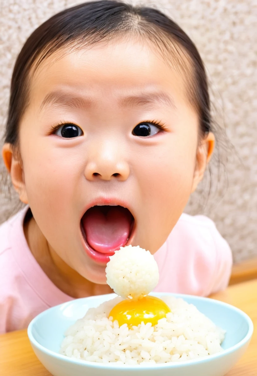 Mouth on rice ball、open-mouthed child