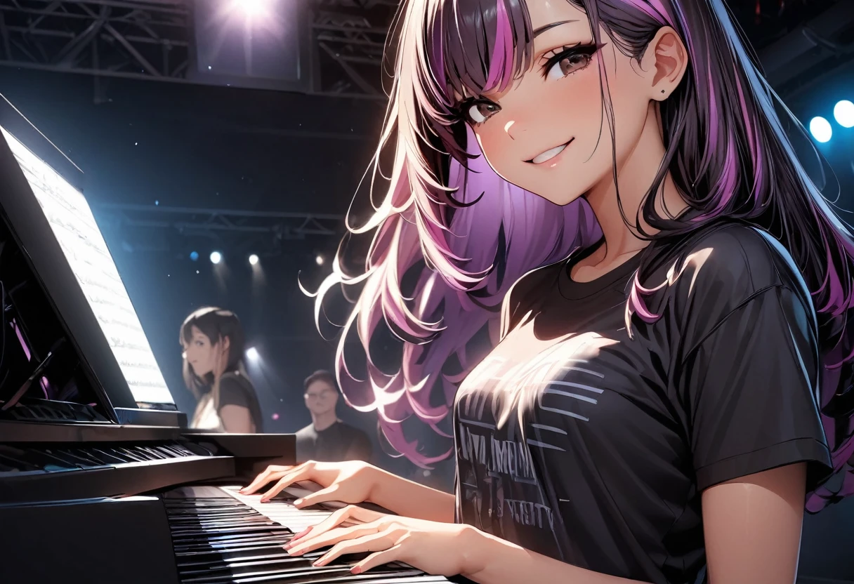 (highest quality:1.2, Very detailed, up to date, Vibrant, Ultra-high resolution, High Contrast, masterpiece:1.2, highest quality, Best aesthetics), Portraiture、girl、keyboard player, long hair、black and purple ((streaked hair:1.6)), highlights hair: 1.5, brown eyes, slim body, (small breast:0.7), Bright colors、Beautiful fine details、Beautiful lip detail、standing in keyboards booth, playing keyboards, black t-shirts, jeans, smile, Rehearsing for a concert:1, on stage, ((upper body:1.5)),