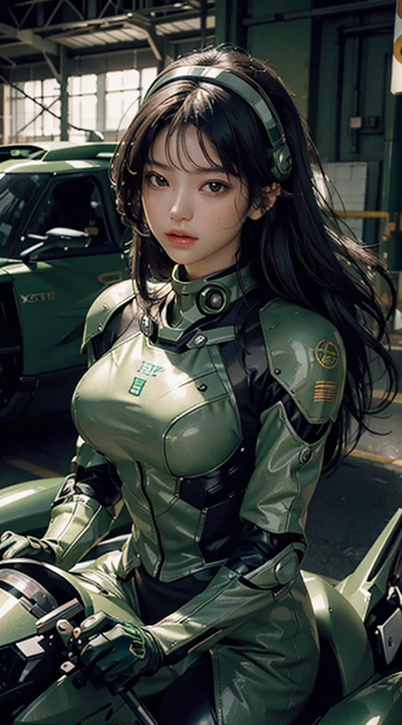 Highest image quality, outstanding details, ultra-high resolution, (realism: 1.4), the best illustration, favor details, highly condensed 1girl, with a delicate and beautiful face, dressed in a black and green mecha, wearing a mecha helmet, holding a directional controller, riding on a motorcycle, the background is a high-tech lighting scene of the future city.