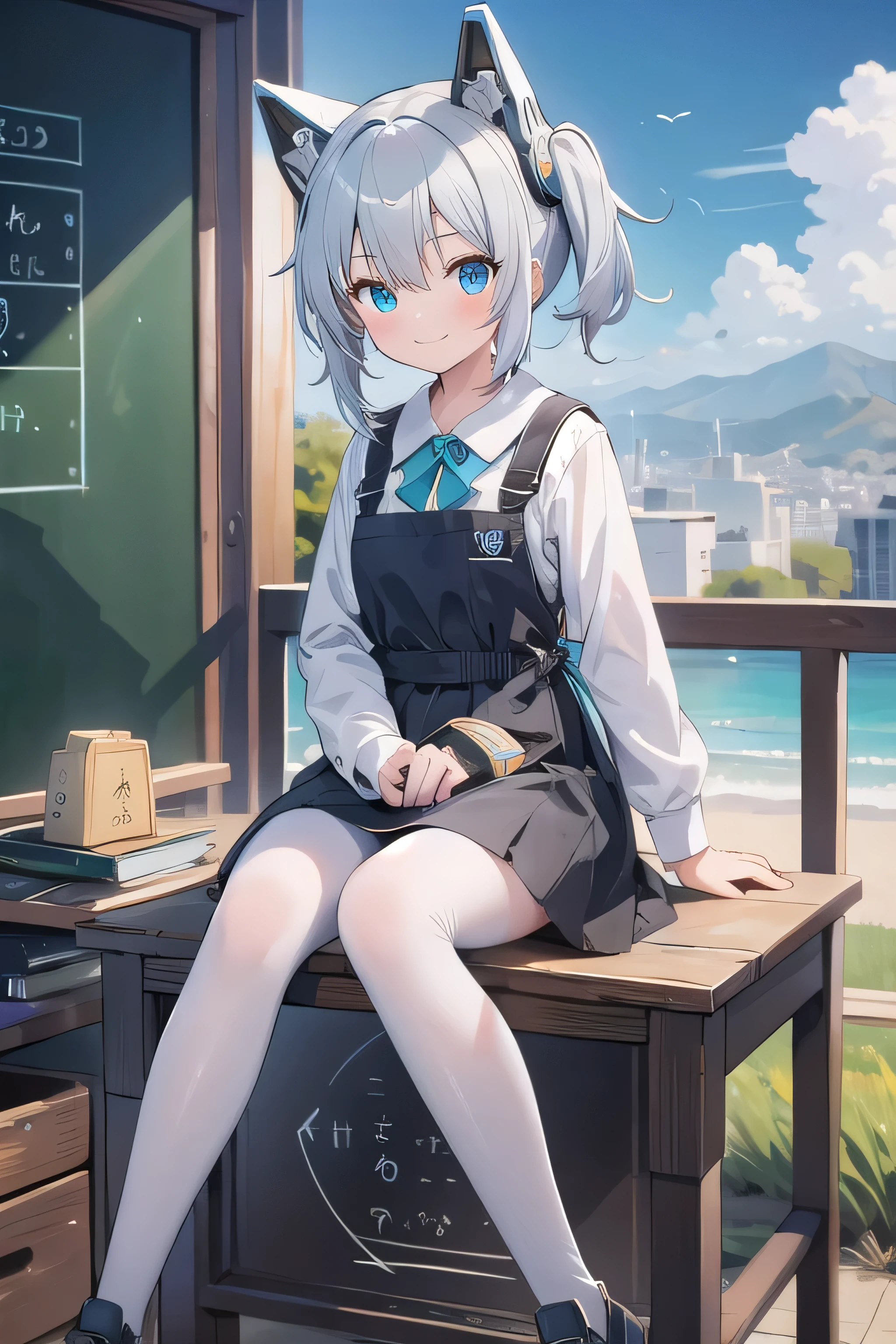 (masterpiece), sf, scenery, One person, smile, Silver Hair, Aqua Eye, headgear, blackboard, teach