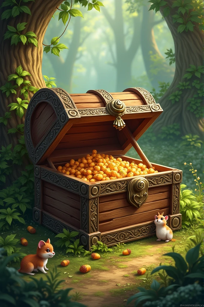 Treasure Chest: A wooden chest with intricate carvings, slightly open to reveal sparkling acorns inside, set against a backdrop of lush greenery and curious forest animals peeking in.