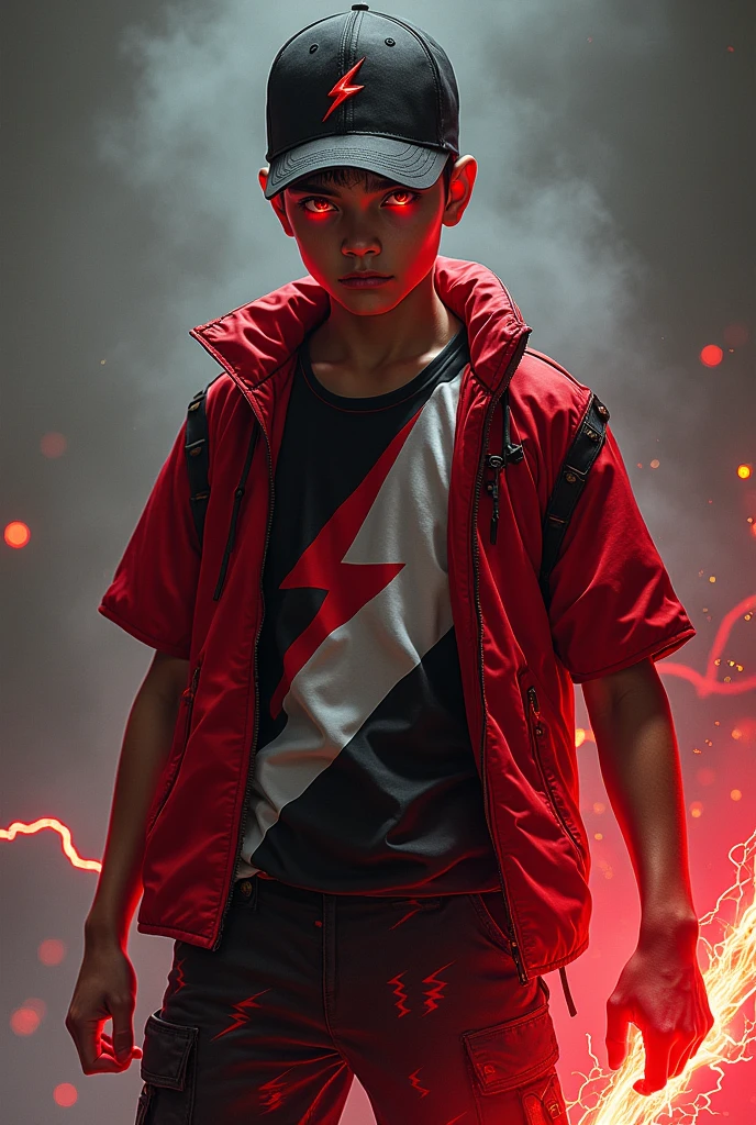 Realistic. Averange age 15 year old , masterpiece . Real human. ((Glowing Red eye))A man wear ((red black)) cap. Thunder logo . ((Red black, white stripe )) High tech modern design shirt)). ((Black red )) Thunder design kargo pant)).holding thunder blade glowing red. Bad smile. Red glowing thunder. Glowing red thunder from hand.
