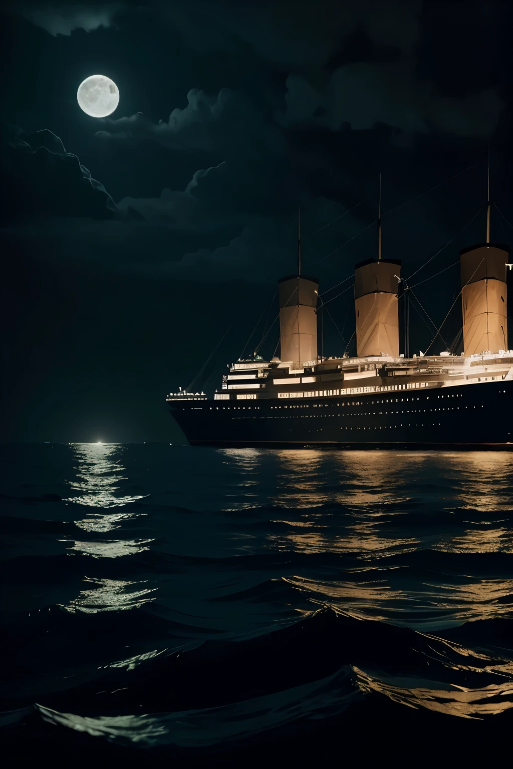 A cinematic view of the Titanic at sea, depicted in a dark, moonlit night. The ship is illuminated by soft, dim lights from its windows, casting a gentle glow on the calm, dark ocean waters. The scene has a mysterious and dramatic atmosphere, with the ship's massive structure towering over the dark, reflective water. Clouds partly obscure the moon, adding to the eerie and suspenseful mood of the image."