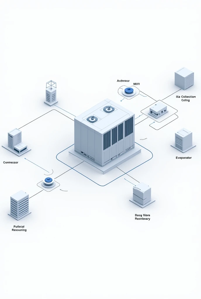 Illustration theme：压缩制冷机组智能Control strategy框架示意图

描述：

Graphic Center：A simplified model of a compression refrigeration unit is shown in the center of the figure.，Labeling the main components，Such as compressor、Condenser、Evaporator, etc.。

External Interface：Outside the compression refrigeration unit，Draw several interfaces to connect to external data sources and control modules，For example, sensors（temperature、Pressure sensors）、IoT Gateway、Data collection system, etc.。

Control strategy：在制冷机组的旁边显示智能Control strategy的几个关键模块，Such as &quot;Data Collection and Analysis&quot;、“Deep Reinforcement Learning Model”、&quot;Adaptive control algorithm&quot; etc.，Arrow points to compression refrigeration unit，Indicates the impact of these policies on device operation。

Feedback loop：绘制从制冷机组到控制模块的Feedback loop，Indicates that the system learns and self-optimizes based on real-time data，Forming a closed loop。

background scene：To highlight the background of the integrated energy system，A simplified building structure representing a smart building or integrated energy system can be added to the periphery of the diagram，Shows the location of the chiller in the entire system，Further strengthen its importance in overall energy management。