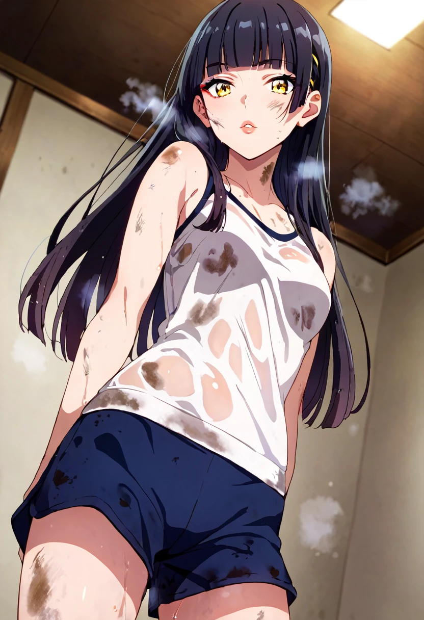 score_9_up, score_8_up, score_7_up, source_anime, dirty anime style, dirty, japanese girl, black hair, long hair, straight hair, straight blunt bangs, pale white skin, yellow eyes, wide lips, makeup, medium breasts tank top, sport shorts, sweaty, sweatdrop, steaming body, standing, looking at viewer, emotionless, kuudere, from below,solo, indoors, best quality, high quality