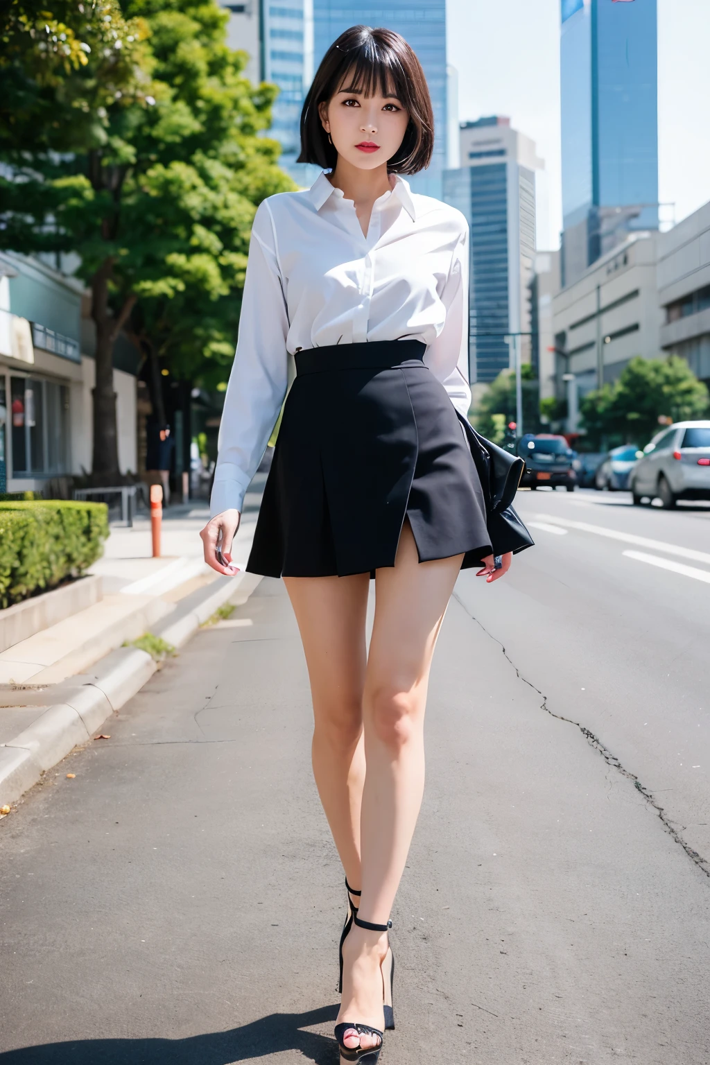 (Only 1 person)、Japanese、Sexual charm、High heels、Formal makeup、Black Bob、Outstanding body、Standing、Fluffy white blouse、Professional portrait photography、Beautiful legs、The whole body is shown、Walking around town、Tight mini skirt、