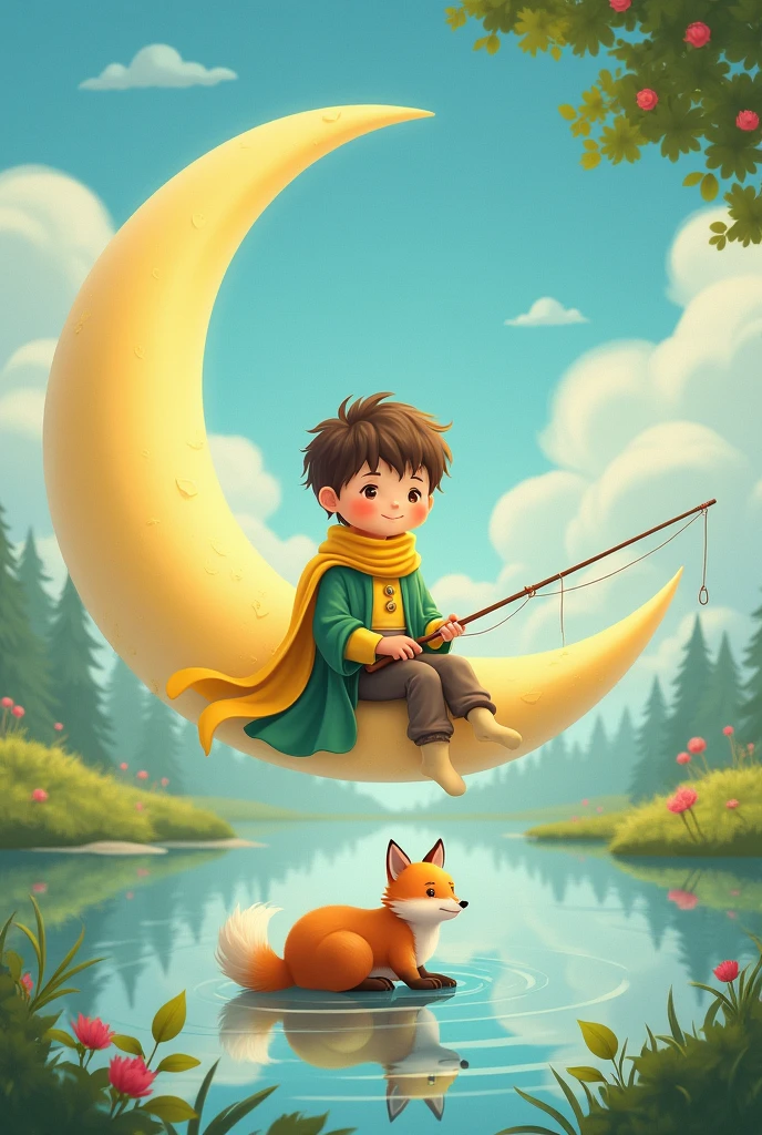 ultra-detailed, 1cute little prince, wearing a bright yellow scarf, green cloak, sitting on a crescent moon, holding a fishing rod, northern fox curled up at his feet, serene lake below, beautiful bright colors, fairytale-like scene, soft background, vivid colors, gentle lighting, charming, storybook illustration, illustration, Romanticism, anime, Ghibli-like colours, anime style, best quality, 8k, highres, masterpiece, UHD, masterpiece, accurate, anatomically correct, 8k, award winning