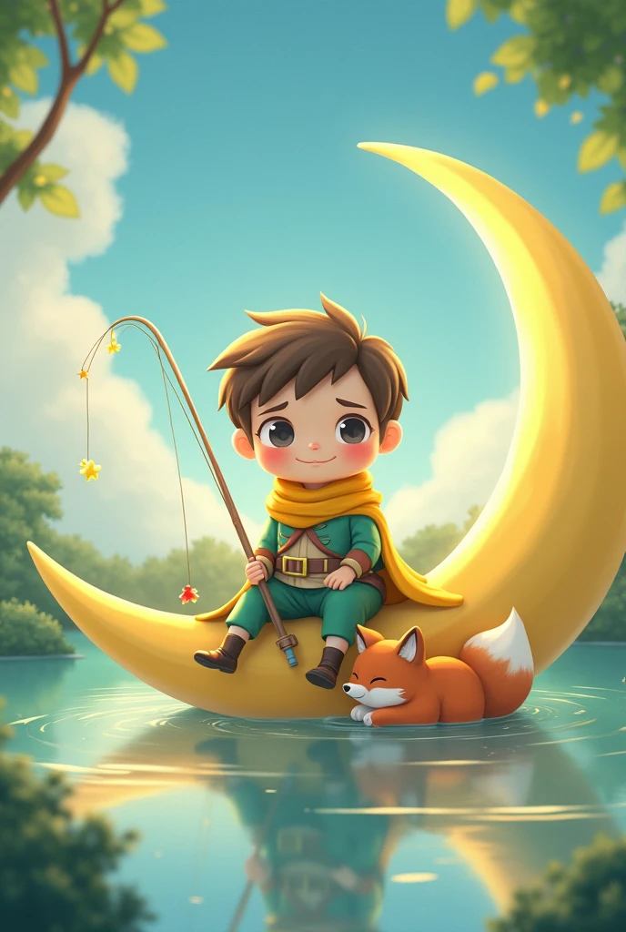 ultra-detailed, 1cute little prince, wearing a bright yellow scarf, green cloak, sitting on a crescent moon, holding a fishing rod, northern fox curled up at his feet, serene lake below, beautiful bright colors, fairytale-like scene, soft background, vivid colors, gentle lighting, charming, storybook illustration, illustration, Romanticism, anime, Ghibli-like colours, anime style, best quality, 8k, highres, masterpiece, UHD, masterpiece, accurate, anatomically correct, 8k, award winning