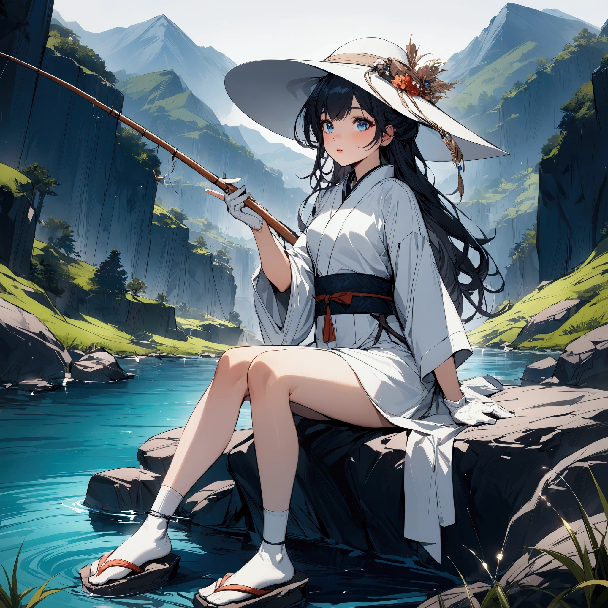 wide angle,{{masterpiece}}, {{{Highest quality}}},{{Very detailed}},Woman sitting on a rock and fishing,A young Chinese-looking female hermit fishing deep in the mountains,White attire, miniskirt,WHITE glove,carefree expression,Chinese sandals,white socks,white hat,{{beautiful eyes ,high definition eyes,beautiful eyes}},Thick Kimono Belt