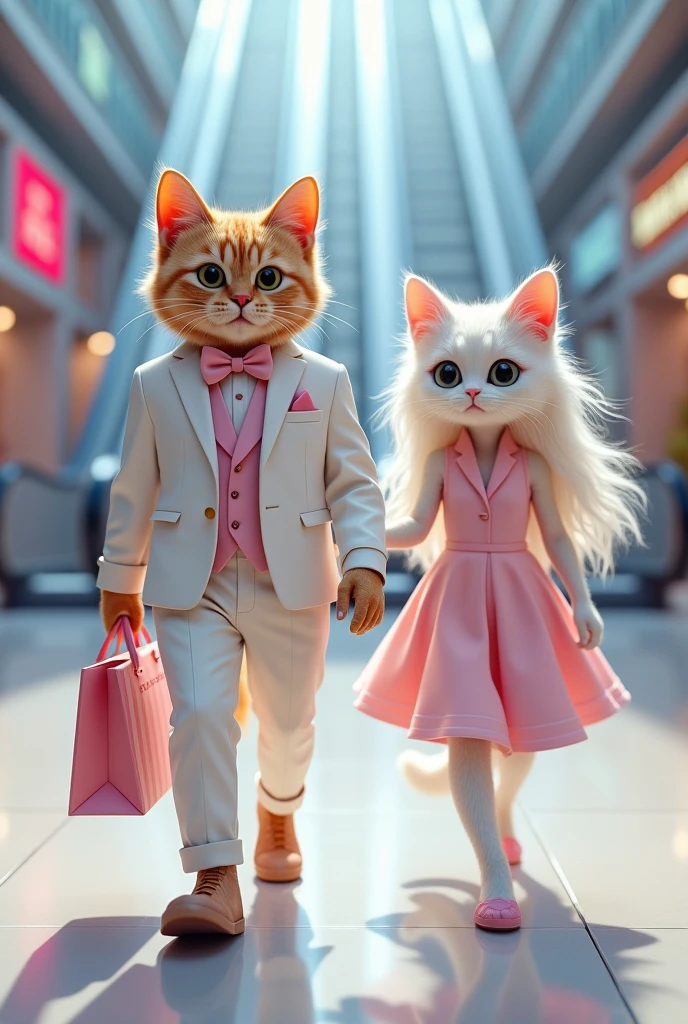 The image shows a couple of cats walking hand in hand in a shopping mall. The cat on the left is wearing a white suit with a pink bowtie and is walking towards the right side of the image. The woman is walking ahead of the cat, wearing a light pink dress and carrying a shopping bag. She has long white hair and is looking directly at the camera with a curious expression. The background is blurred, but it appears to be a futuristic shopping mall with colorful lights and escalators.