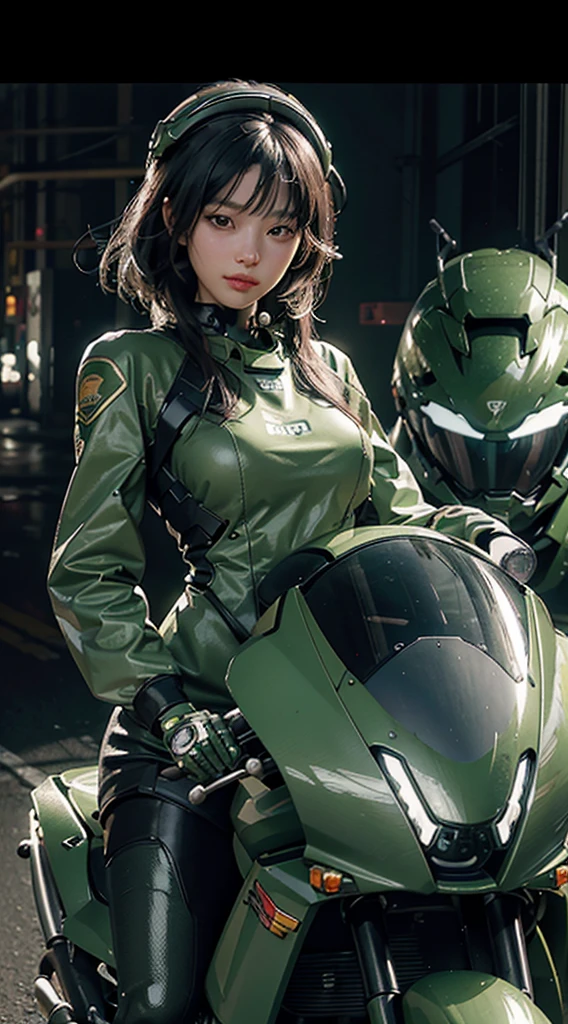 Highest image quality, outstanding details, ultra-high resolution, (realism: 1.4), the best illustration, favor details, highly condensed 1girl, with a delicate and beautiful face, dressed in a black and green mecha, wearing a mecha helmet, holding a directional controller, riding on a motorcycle, the background is a high-tech lighting scene of the future city.