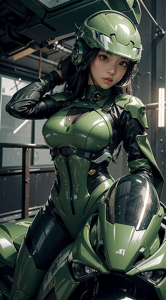 Highest image quality, outstanding details, ultra-high resolution, (realism: 1.4), the best illustration, favor details, highly condensed 1girl, with a delicate and beautiful face, dressed in a black and green mecha, wearing a mecha helmet, holding a directional controller, riding on a motorcycle, the background is a high-tech lighting scene of the future city.