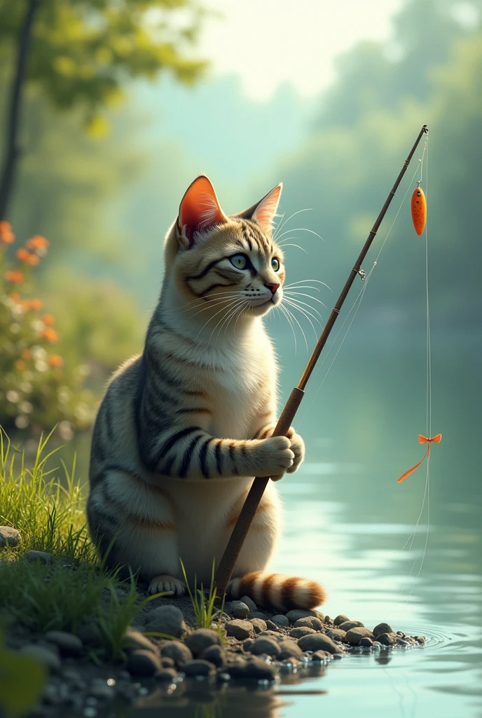 Cat is sitting and fishing with a fishing rod.