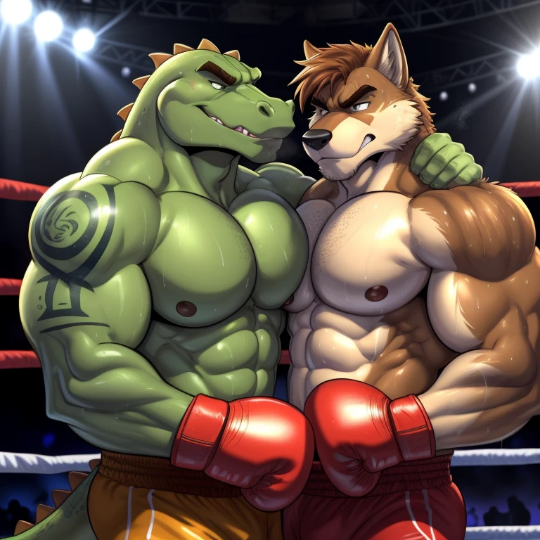 Duo male(Green Gator vs Brown Wolf), handsomes(handsome hairstyle, Thick eyebrows, detailed face), gay(cuddling embraced, body with body, on a boxing match), hot(Shirtless), handsomes(They are handsomes, correct anatomy), musculosos(Big muscle bodies, Six packs, muscle abs, big pecs), sweaty(very sweaty wet bodies, shiny sweat), tatuajes(they have tattoos), grumpy(Both have an grumpy expression, grumpy teeths, steaming breath), boxing gloves(They both are wearing boxing gloves), Hight resolution, by(Zourik:1.1)