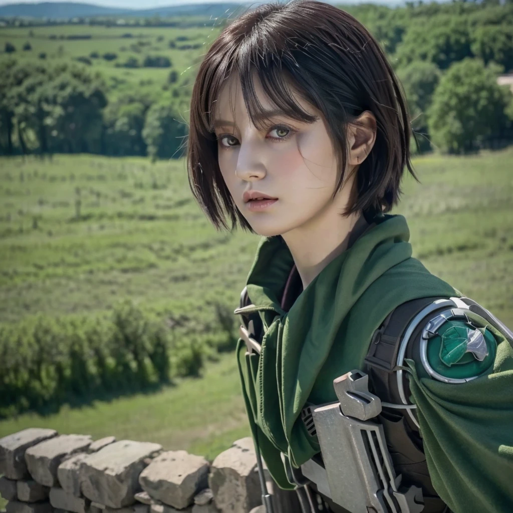 Attack on Titan screencap of a female with short Green dark staright hair with curtain bangs, Blue dark eyes, Pale skin , round  face , plum pink lips . Scenery is beautiful. she is wearing a green cloak . WIT Studios season 3 screencap.