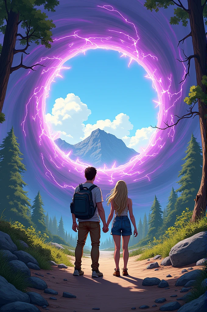 Style dessin
Journée ensoleillée,
Un homme type aventurier et une femme aux cheveux longs et clairs, d'une vingtaine d'années chacun se trouvant au millieu d'une clairière entourée d'arbres, de dos se tenant par la main, en tenue post apocalyptique traversent ensemble un vortex interdimensionnel circulaire tourbillonnant, la circonférence de ce vortex est est faite d'énergie crépitante et electrisée et émet une lueur violacée , il est situé à quelques mètres d'eux. Au travers duquel on aperçoit un plateau rocheux surplombant une vallée luxuriante.