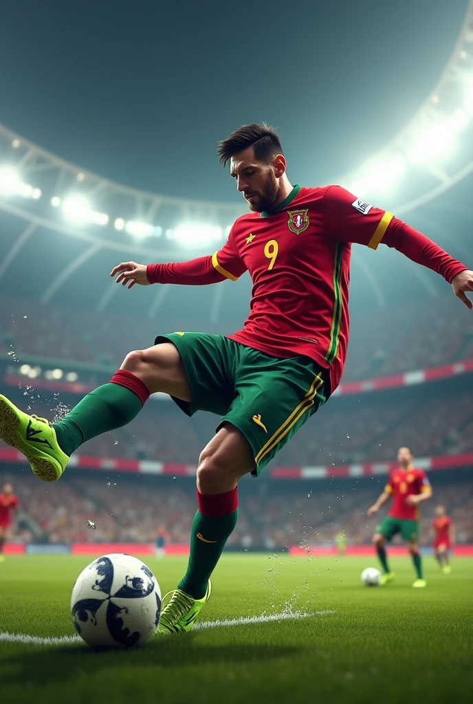 Messi in Portugal jersey and bicycle goal on the cross bar in post