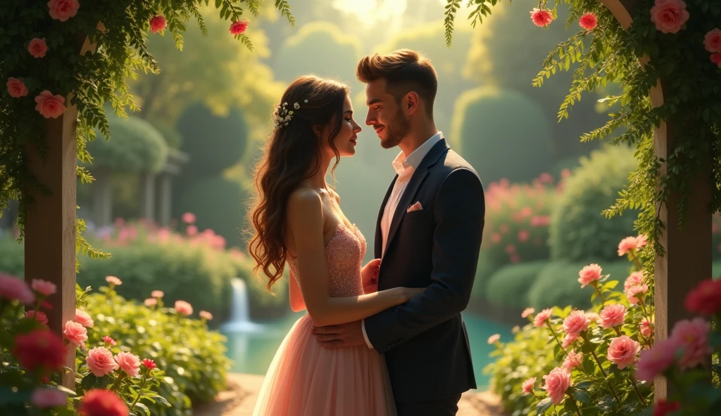 A beautiful women and handsome man standing in a garden far away in front of each other both of them should be standing 12 feet away 