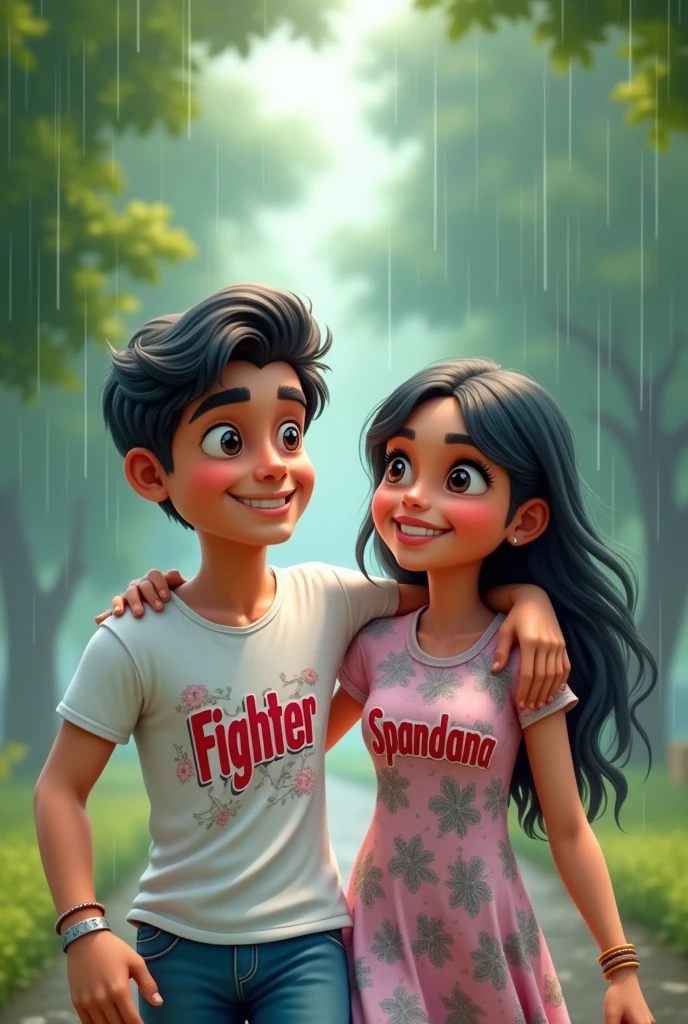 a Indian couples younger age under , walking in park , rain weather both hands in shoulder enjoying rain
the boy is wearing a white printed shirt , the girl with pink white mix printed shirt and without in shirt,stylish and boy name with "FIGHTER" small written on it's back , girl name with "SPANDANA" small written on it's back , in big and bold fonts, 3d illustration