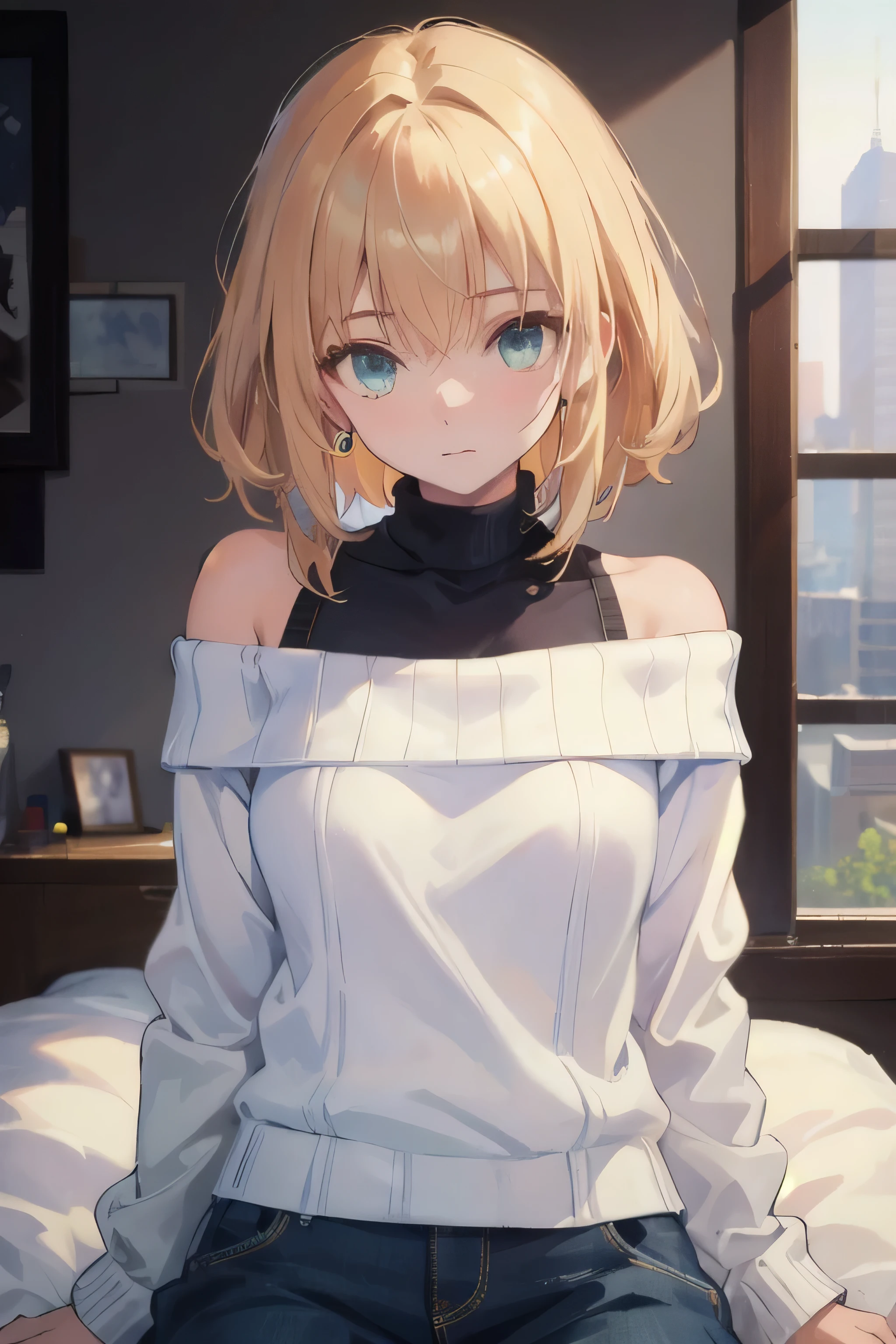 ((Highest quality)), ((masterpiece)), (detailed), One person, Off-the-shoulder sweater, 