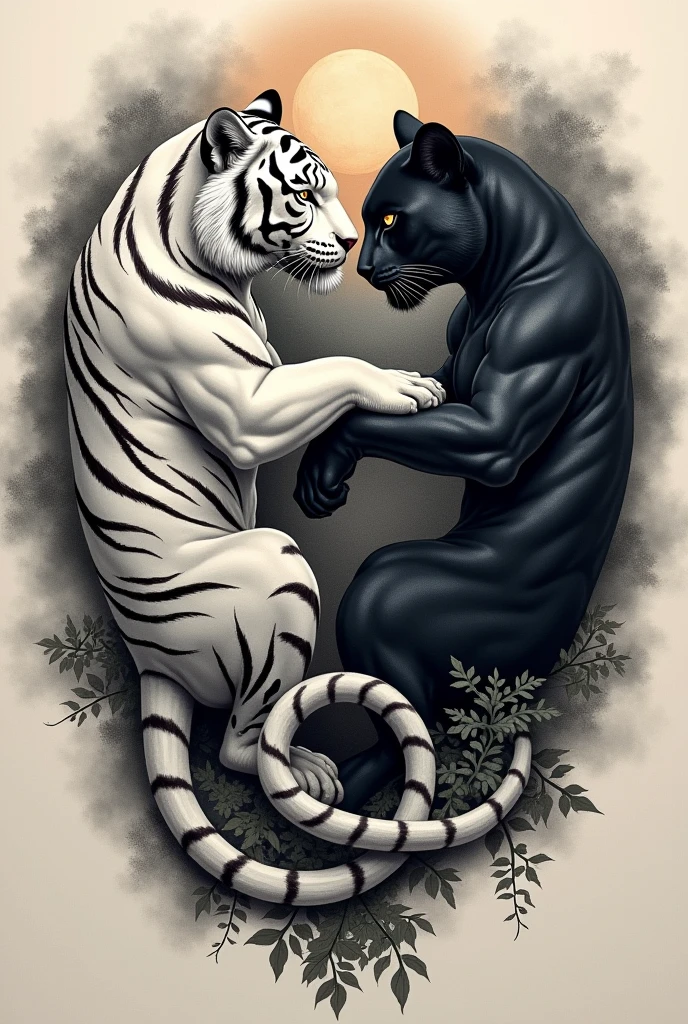 I want an illustration of a Ying and Yang; made with a white tiger and a black panther