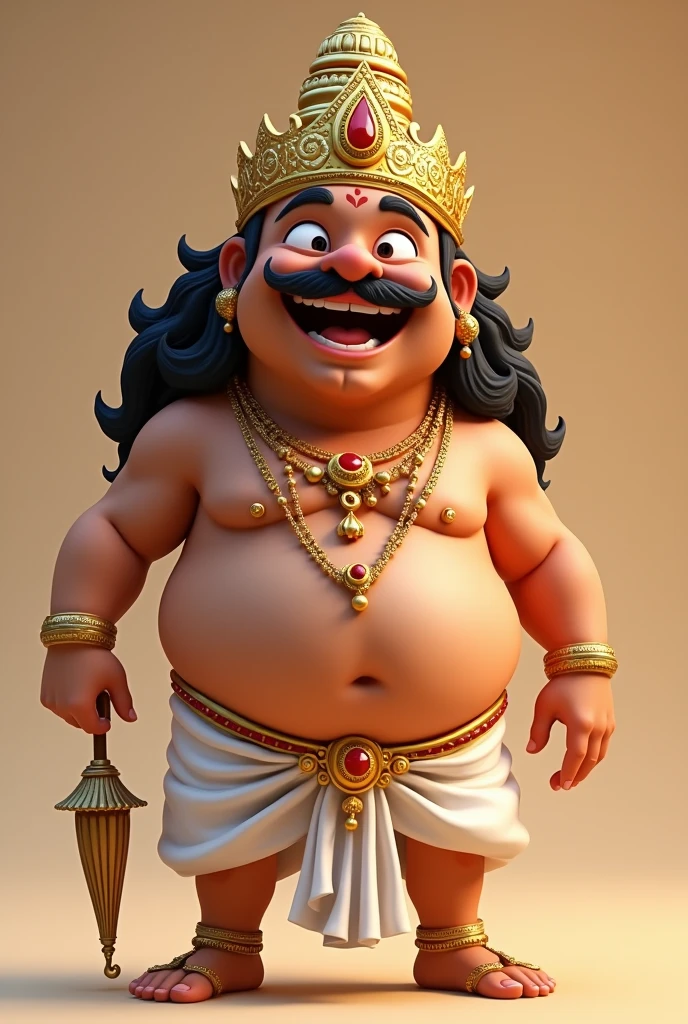 Appears to depict a 3D animated character, possibly modeled in the style of a traditional Indian royalty or deity, with exaggerated features for comical or friendly effect. The character is a smiling, wide-eyed, moustached male.He wears a gold crown adorned with red jewels and has long, wavy black hair. His attire includes a white dhoti, various gold ornaments such as necklaces, earrings, bangles, and holds a old umbrella in his left hand. His expression is happy and surprised, and the overall style is energetic and cartoonish.He was fat