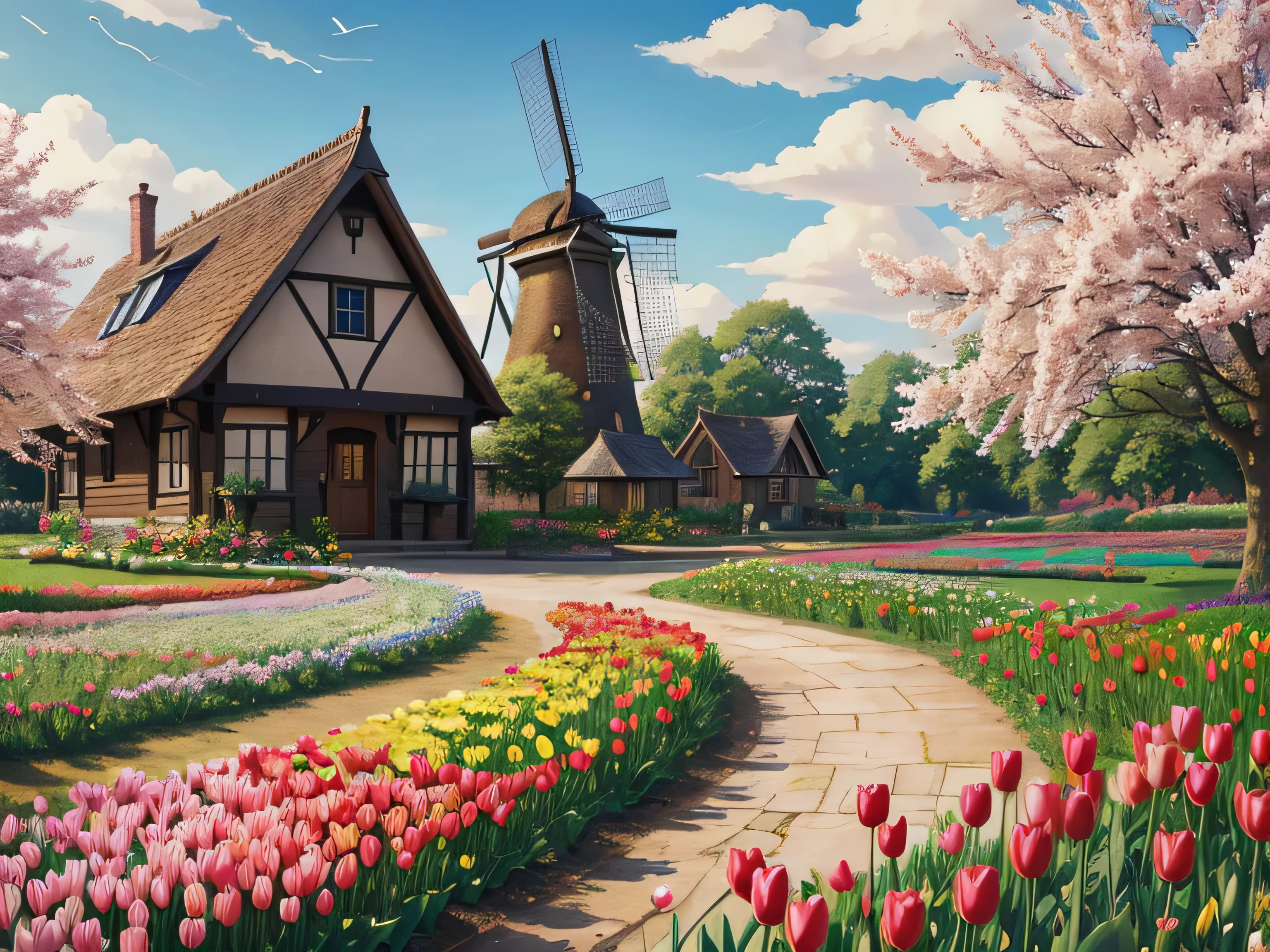 A beautiful windmill in an English garden filled with tulips, Colorful flowers and trees々Surrounded by, Nearby wooden house, clouds and beautiful sky, Flying birds, Fantasy art style painting, Oil on canvas, In the style of Makoto Shinkai.