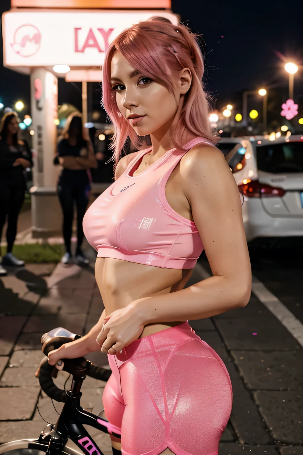 Una chica con tetas bigs muy sexy y pink hair con luces de neón, pink hair, big, pink hair, Pink Eyes High-waisted cycling shorts with a figure-hugging fit and reflective details on the sides, which not only add a modern touch but also increase visibility in low light conditions.. These shorts pair perfectly with a crop top for a sporty and sexy look.