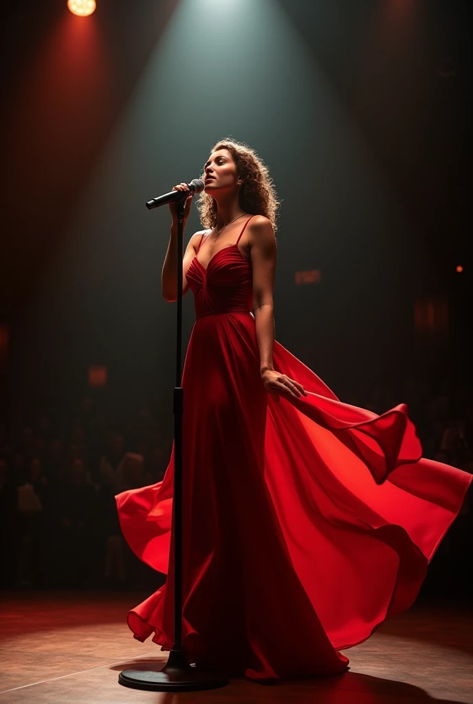 ((best quality)), ((masterpiece)), (detailed), A woman wearing a fluttering red dress on stage, holding a stand microphone and singing