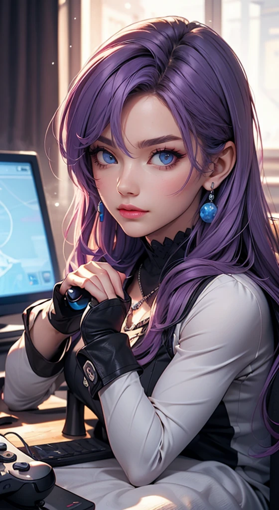 Purple hair, blue eyes, holding a game joystick