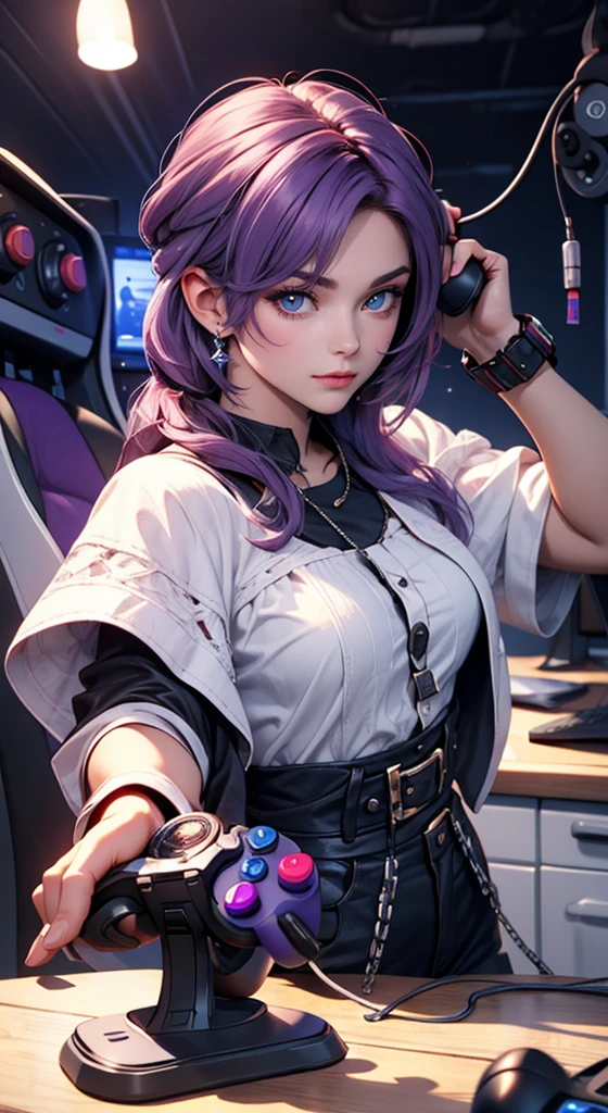 Purple hair, blue eyes, holding a game joystick