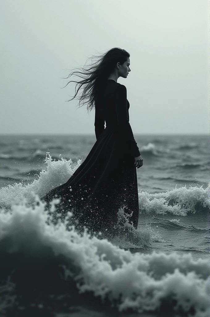 Black and white, sea, woman