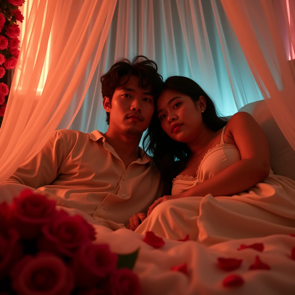 Indonesian couple. The man is a normal body wearing simple pajamas. With The adult woman is a little chubby and huge breasted, wearing knee-nght nightgown. The luxurious bedroom is decorated with red roses and a mosquito net with neon backlight as a background detail, lying leaning on the pillow while hugging each other in the cold. Look at the viewer, natural light, realistic photography, wide angle shot from above.