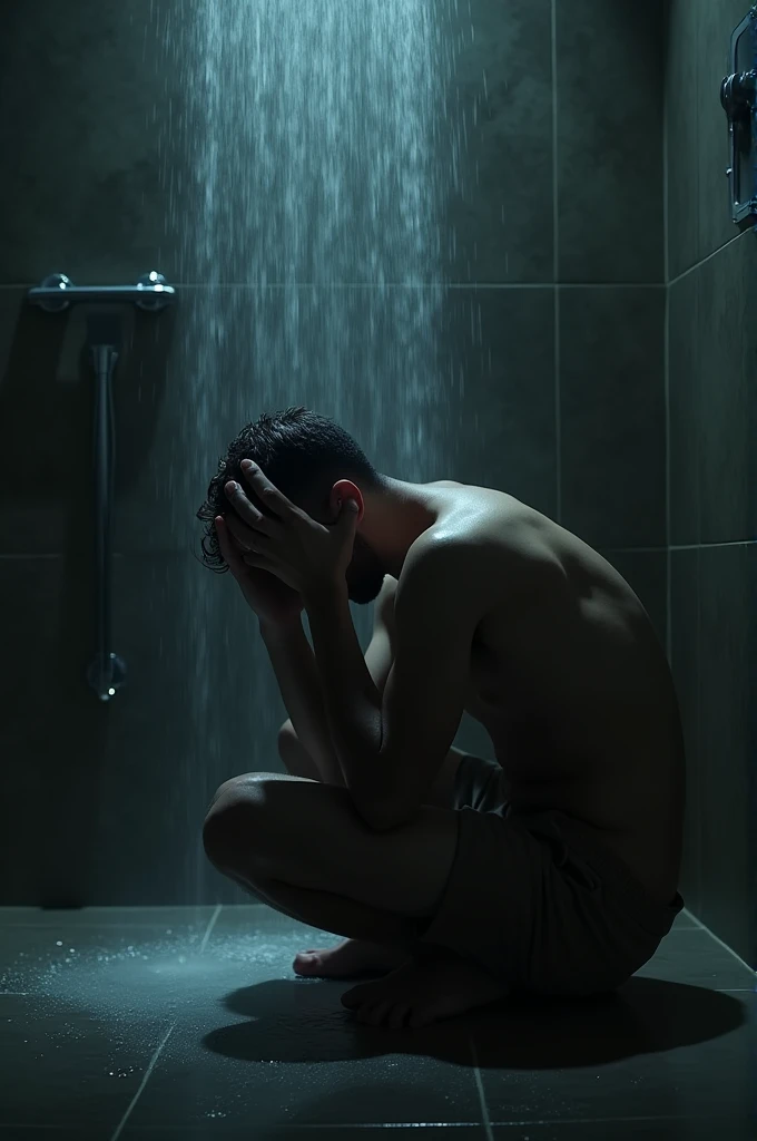 A crying man sitting in a dark shower with the shower running, with one hand on the head the other hand extended on the ground with a ring in the hand