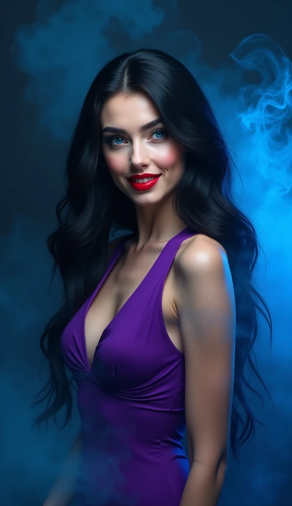 1 ultra hot gorgeous European woman. Age 23., close up, beautifully evil model, sophisticated sorceress, powerful goddess, super villainess, hourglass figure, purple dress, symmetrical, highly detailed face, long flowing black hair, mesmerizing blue eyes, lush red lips, coy smile, enticing, alluring, facing viewer, looking at viewer, blue smoke swirls around her, real, high detail, best quality