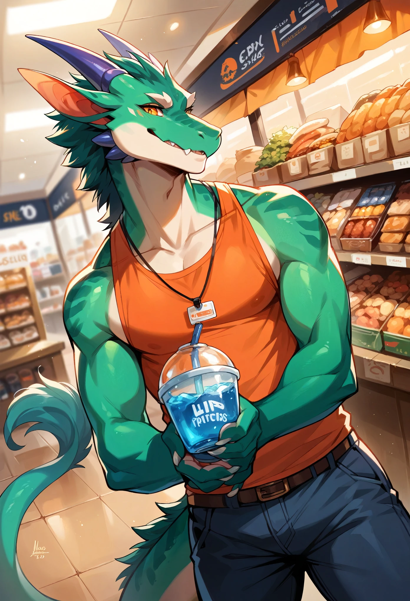 rating_safe, score_9, score_8_up, score_7_up, score_6_up, score_5_up, score_4_up, hires, source_furry, cover_page(furry art, uploaded on e621)massive green dragon, welcoming smile, the counter in a shop, full of glowing potions, dynamic angle,