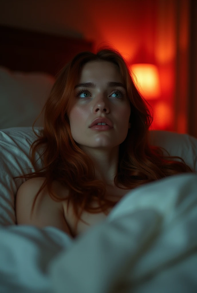 auburn hair girl with long straight brown hair, eyes with , without a cap lying on her back on a bed looking at the ceiling similar to Ariana Grenblaat. Red lighting in the room,skin texture,full body,from distance photoshoot,large breasts.
