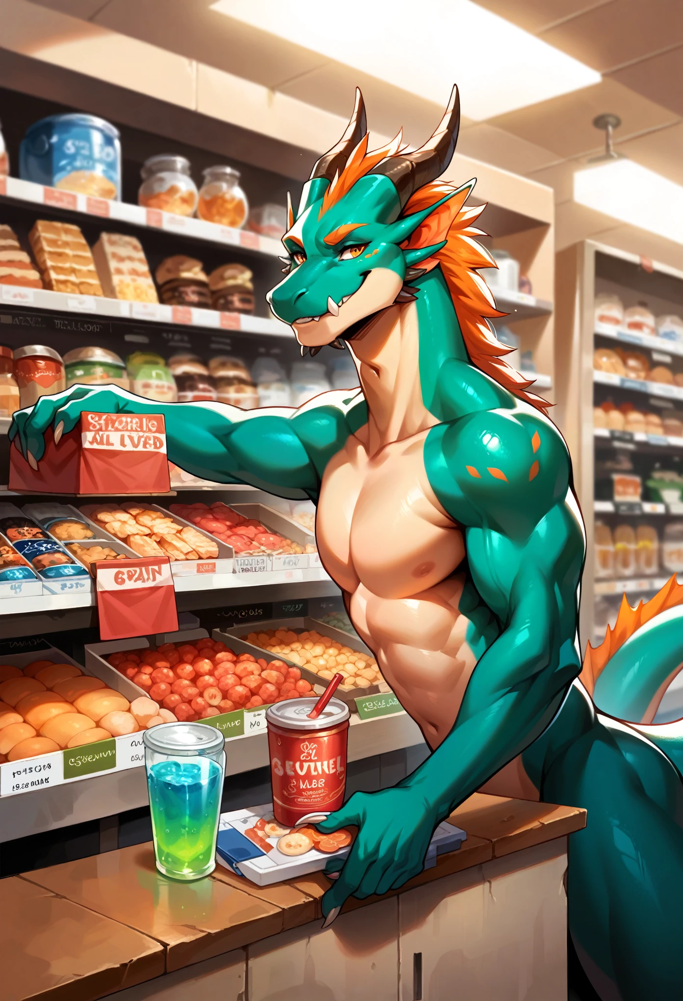 rating_safe, score_9, score_8_up, score_7_up, score_6_up, score_5_up, score_4_up, hires, source_furry, cover_page(furry art, uploaded on e621)massive green dragon, welcoming smile, the counter in a shop, full of glowing potions, dynamic angle,