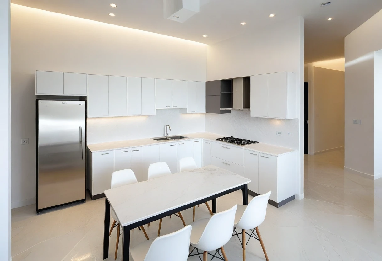 ((masterpiece,best quality,highres,sharp forcus)), (((detail forcus))) , ( kitchen and dining :1.3 ), modern style, daylight, ((WHITE wall : 1.3 )) plaster ceiling, brightoak , daylight , white tone , bright color, pendant light, marble tile floor, PENDANT LIGHT, 