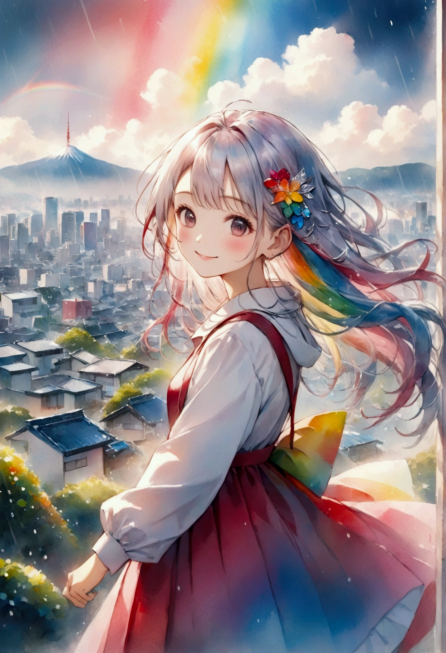 8K resolution, ((top quality)), ((masterpiece)), ((super detailed)), rain, one girl, smiling, rainbow, winered dress, silver long hair style, diamond hair ornament, Watercolor style, A pastel-colored view of the world, Tokyo cityscape,