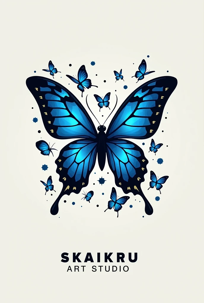 A logo inspired by the series The 100; with butterflies in bright blue and black letters that say SKAIKRU ART STUDIO 
